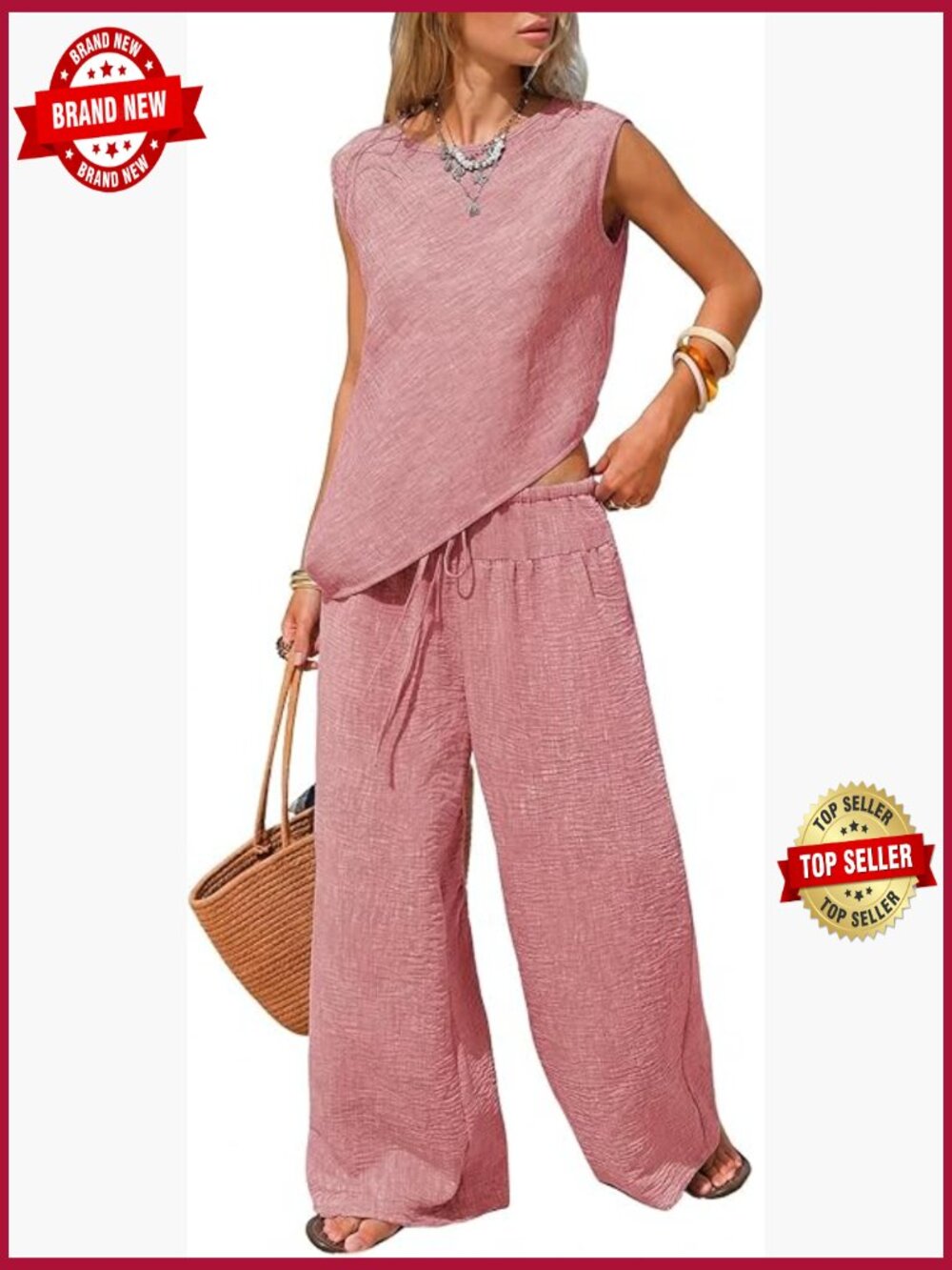 Womens Two Piece Set Sleeveless Top Wide Leg Pants Summer Outfit Travel